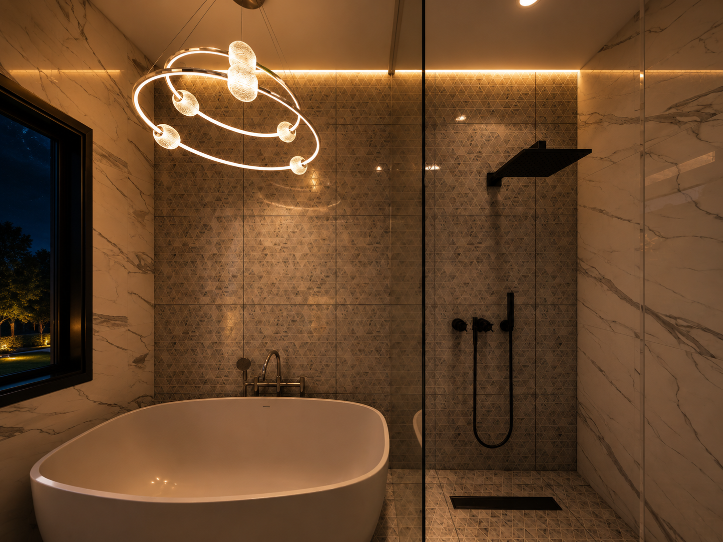 The Meridian condo ensuite bathroom, night